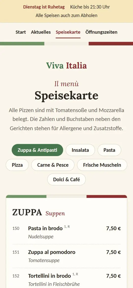 Speisekarte von Viva Italia am Handy